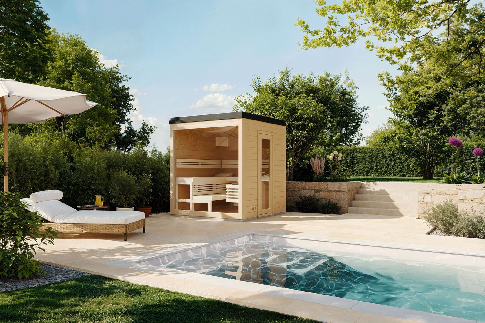 Gartensauna Casa mit Glasfront am Pool