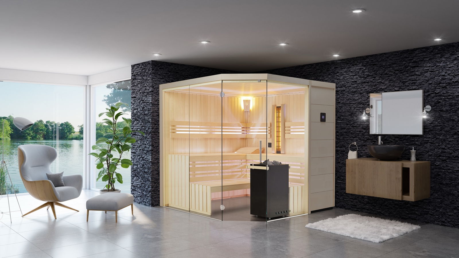 Designsauna Aurora mit Eckverglasung