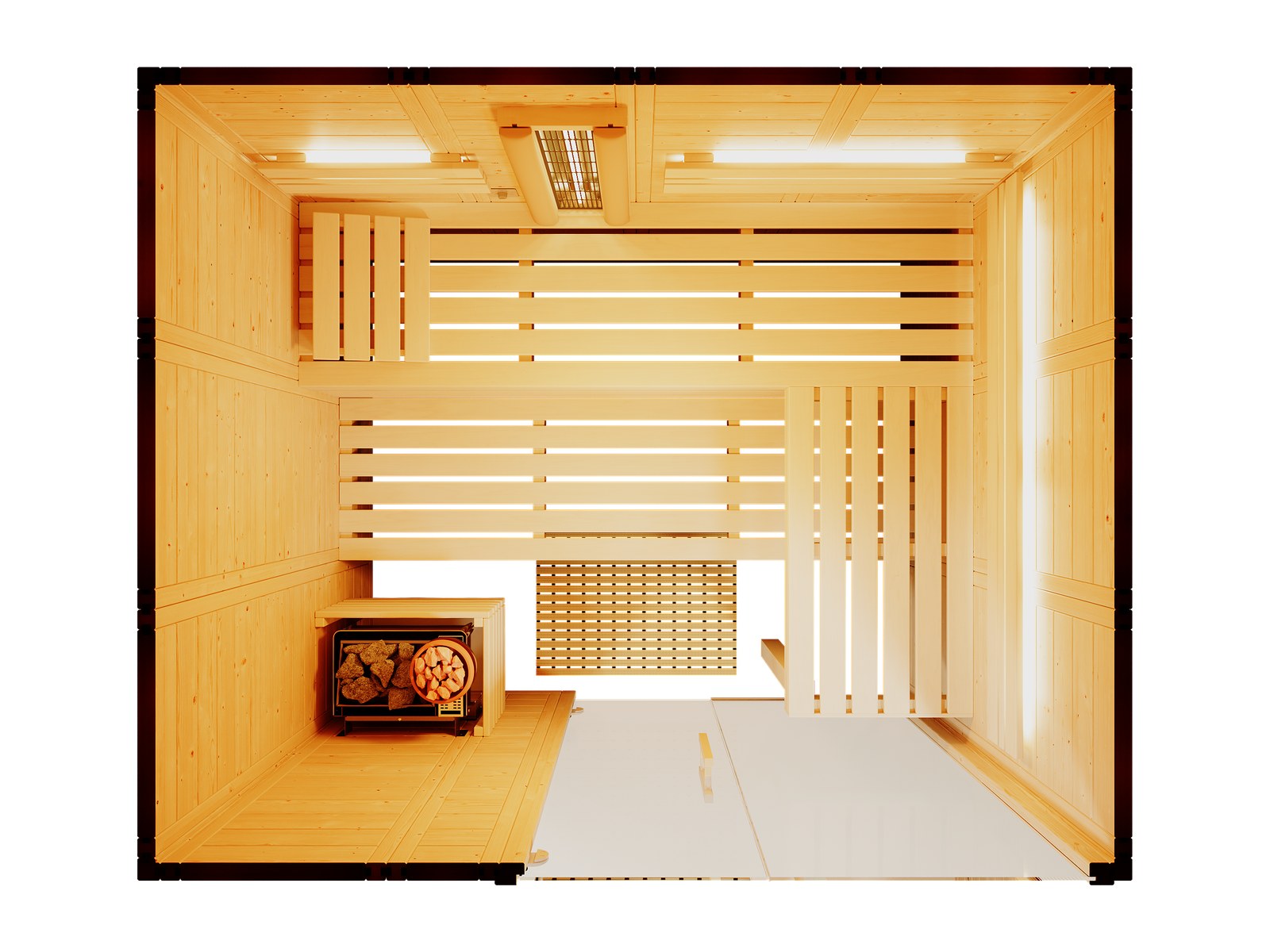 Sauna Modula in gerader Ausführung mit Saunaofen und Salzschale
