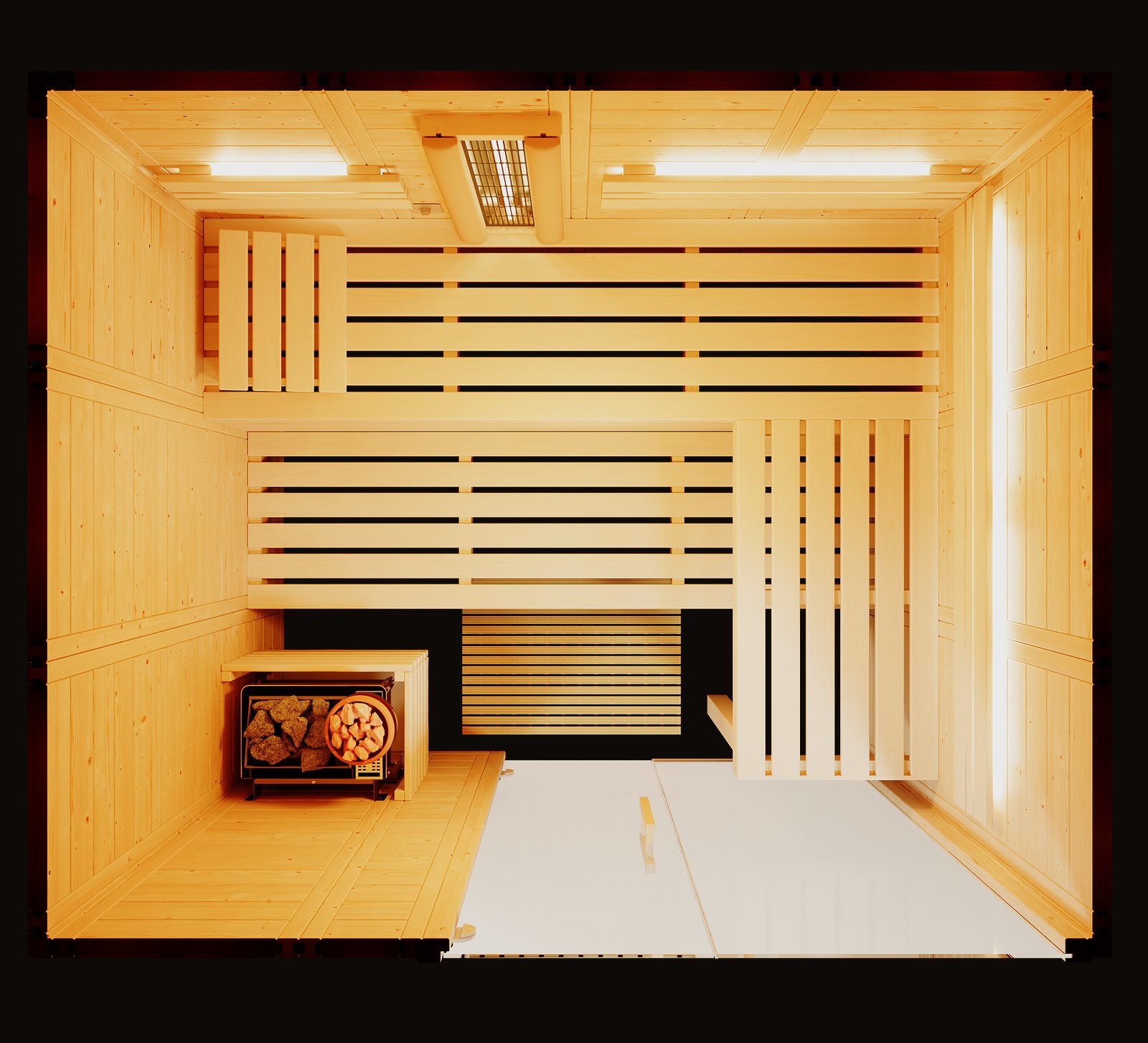 Blick in die Sauna Modula in gerader Ausführung mit Saunaofen und Salzschale